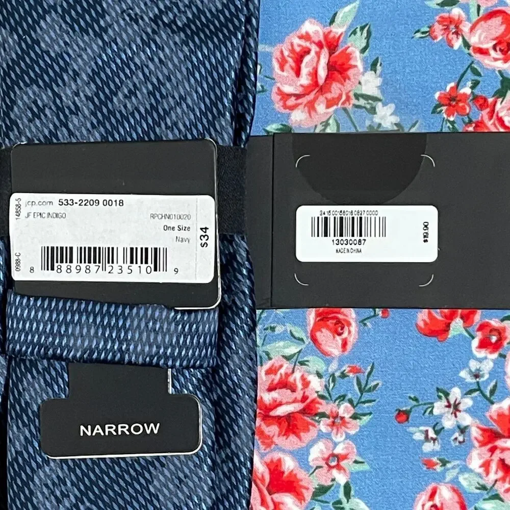 2pc Set J Ferrar Narrow Epic Indigo Floral Stripe Tie & Express Pocket Square